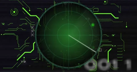 Animation of radar with circuit board pattern and binary codes over abstract Stock Footage 249324308