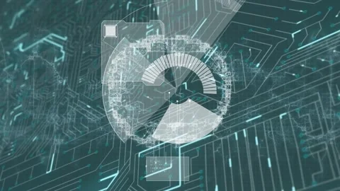 Animation of radar, data and integrated circuit on black background Stock Footage 330167643