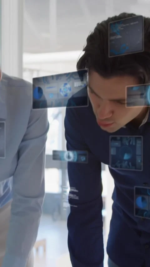 Animation of radar, globe, graphs, computer language over caucasian coworkers Stock Footage 344614380