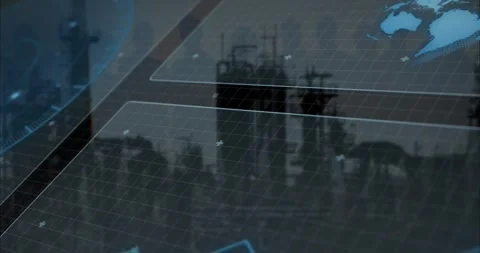 Animation of radar, graph and globe over factory against sky Stock Footage 253429633