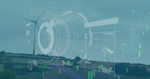 Animation of radar, graph and loading bar over windmill on landscape against Stock Footage 329863817