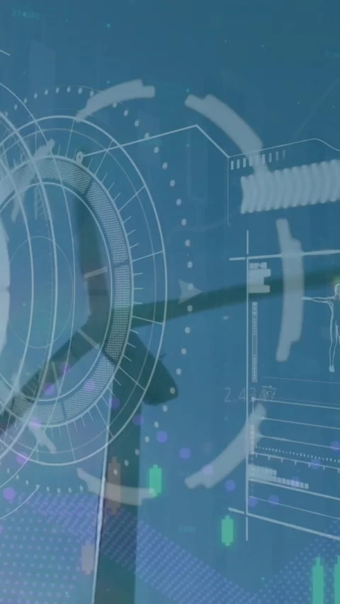 Animation of radar, loading bar, graph and human representation over low angle Stock Footage 343721061