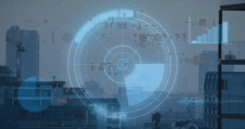 Animation of radar in loading circles over graphs and computer language against Stock Footage 246530666
