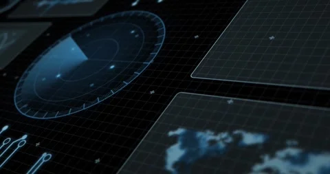 Animation of radar, map and computer language with circuit board pattern over Stock Footage 257088099