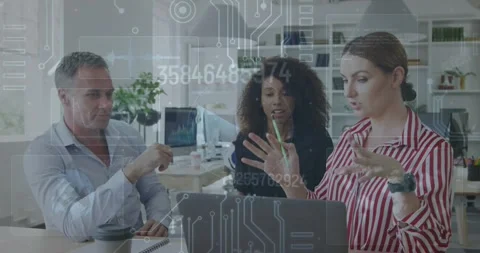 Animation of radar, numbers, graph, circuit board pattern over diverse coworkers Stock Footage 329924197