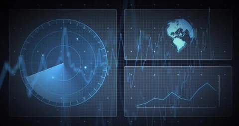 Animation of radar screen displaying global data charts in school setting 動画素材 306201967