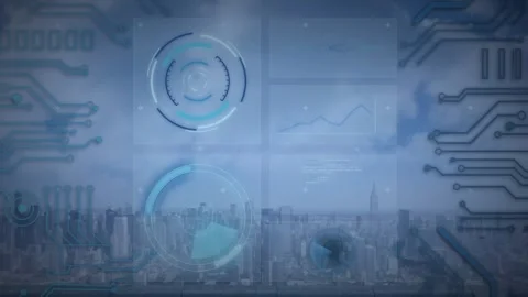 Animation of radars, circle, graph and circuit board pattern over cityscape Stock Footage 327784554