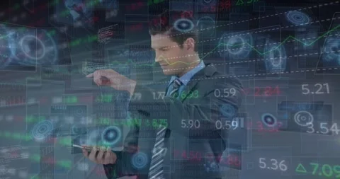 Animation of radars, circles, computer language and trading board, caucasian man Stock Footage 329979590
