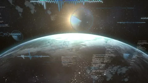 Animation of radars, computer language, soundwaves, map over globe against lens Stock Footage 310978502