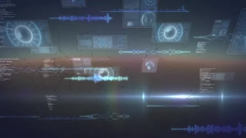 Animation of radars, dna helix and computer language, connected dots against Stock Footage 232547883