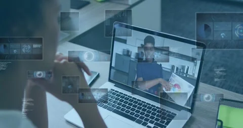 Animation of radars, globe, computer language, diverse coworkers discussing Stock Footage 329693988