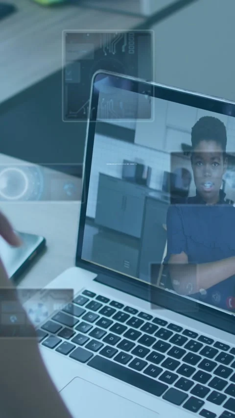Animation of radars, globe, computer language, diverse coworkers discussing Stock Footage 344012088
