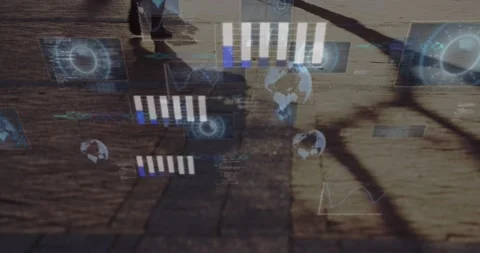 Animation of radars, globes, graphs, computer language over low section of 스톡 동영상 237476123