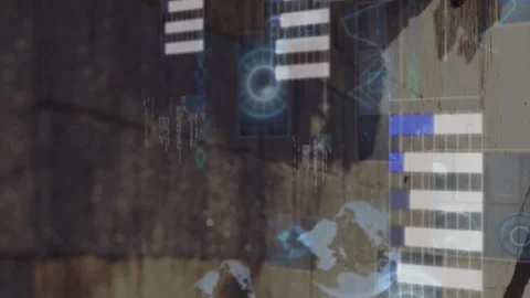 Animation of radars, globes, graphs, computer language over low section of 스톡 동영상 312674668
