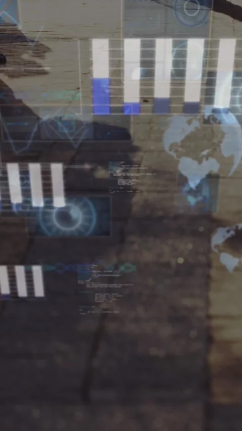 Animation of radars, globes, graphs, computer language over low section of 스톡 동영상 321441023