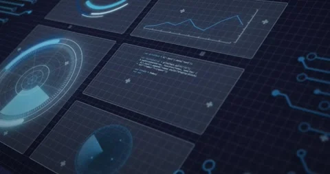 Animation of radars, graphs, loading circles, circuit board pattern and computer Stock Footage 253429214
