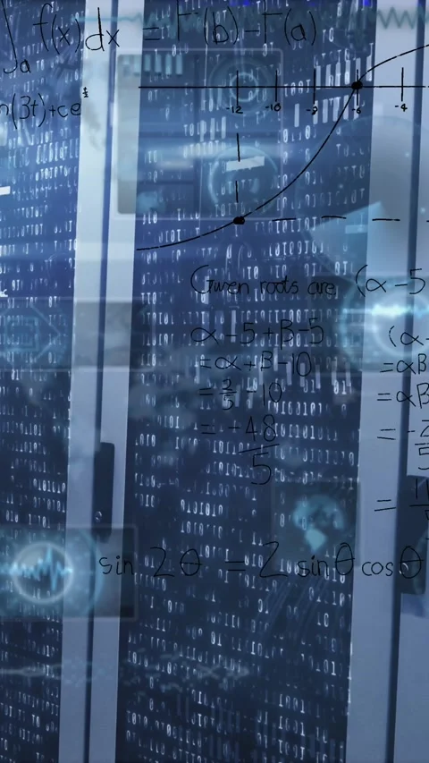 Animation of radars, infographic interface and lens flare over server room in Stock Footage 342600609