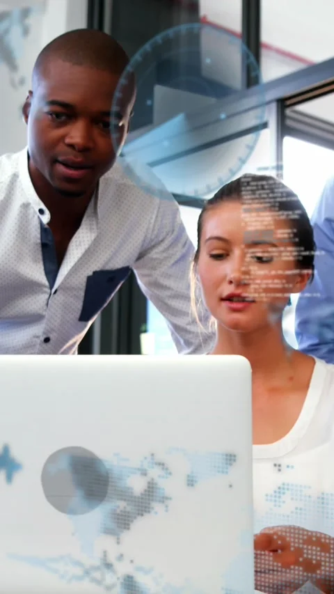 Animation of radars, soundwaves, computer language, diverse coworkers discussing Stock Footage 321172285