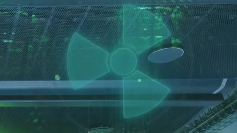 Animation of radioactive materials warning symbol over processing data and Stock Footage 312773549