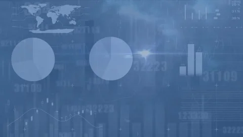 Animation of rain falling over statistical data processing and changing numbers Stock Footage 329225926