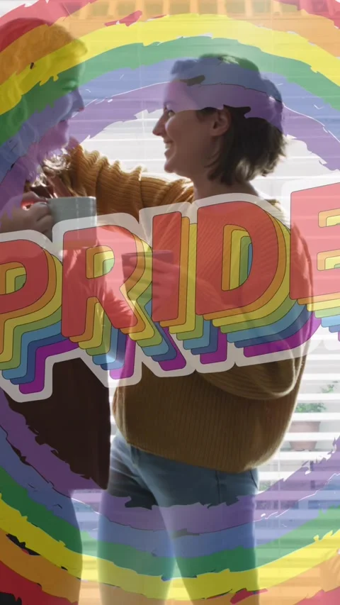 Animation of rainbow and pride over lesbian couple drinking coffee Stock Footage 342098070