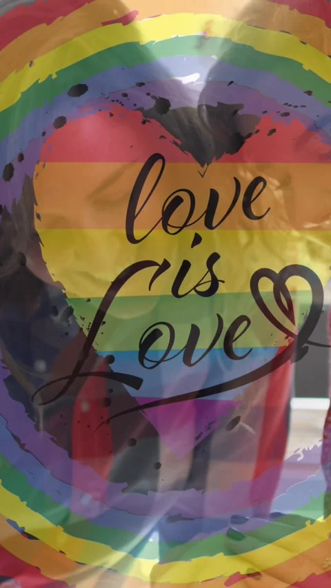Animation of rainbow circle and love is love over lesbian couple petting dog Vídeo Stock 342098100