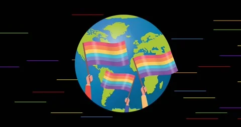 Animation of rainbow flags with globe over rainbow stripes on black background Stock Footage 329410932