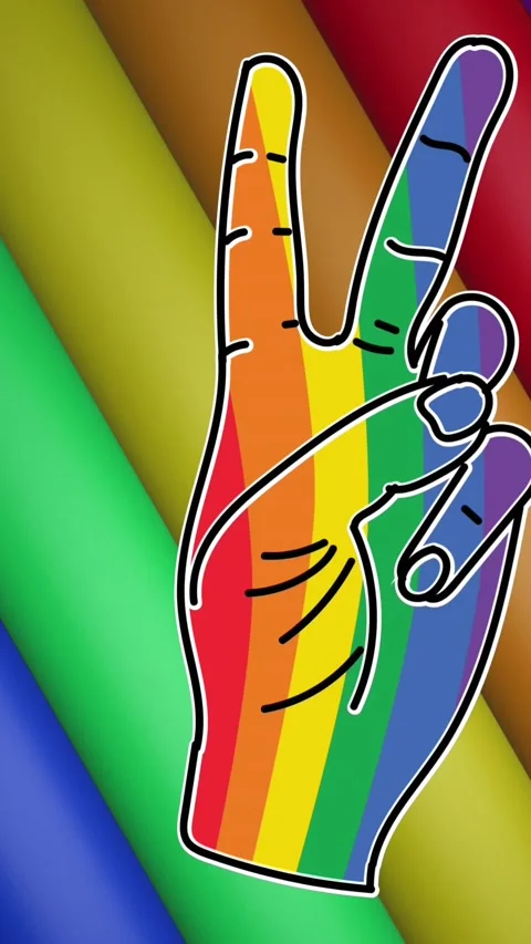 Animation of rainbow hand with victory sign, stripes and colours moving on Stock Footage 323899600