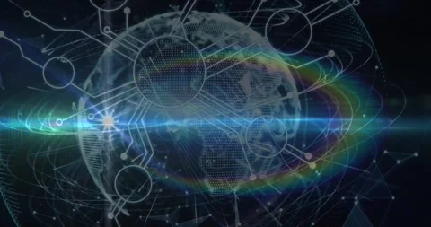 Animation of rainbow lens flare, microprocessor connections and light trails Stockbeeldmateriaal 329775578