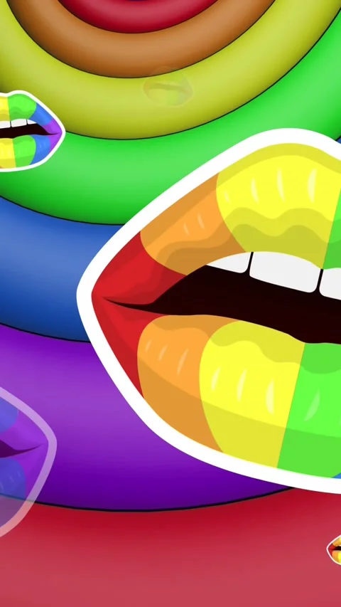 Animation of rainbow lips over rainbow circles and colours moving on seamless Stock Footage 342643090