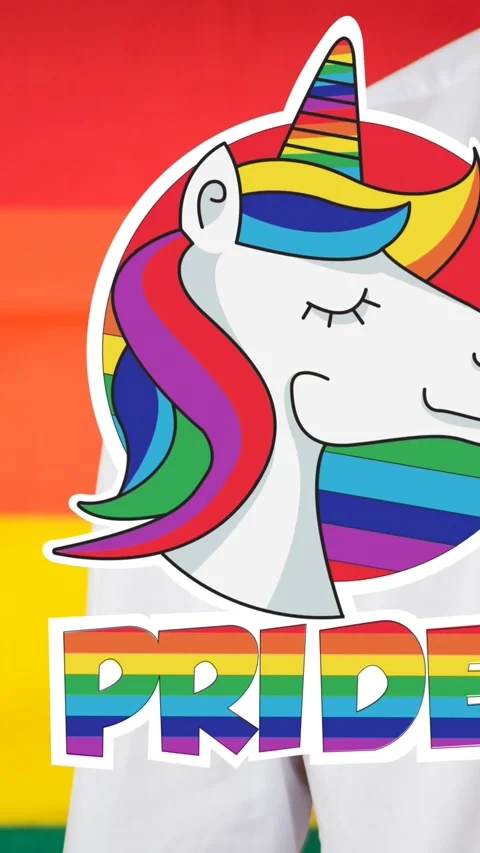 Animation of rainbow pride and unicorn over midsection of caucasian man with Stock Footage 342136818