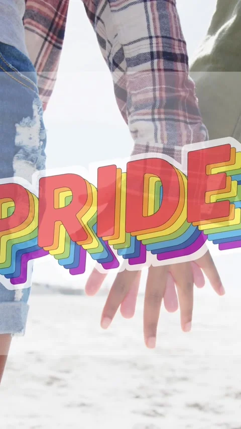 Animation of rainbow pride over midsection of lesbian couple holding hands Stock Footage 342098102