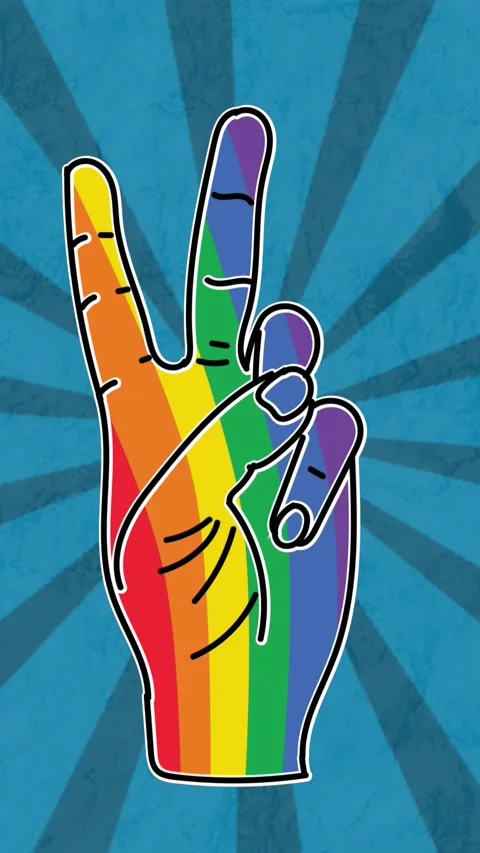 Animation of rainbow victory symbol over blue background Stock Footage 342098089