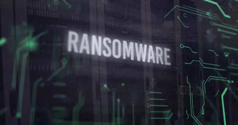 Animation of ransomware text in circuit board pattern, binary codes over server Stock Footage 246909221