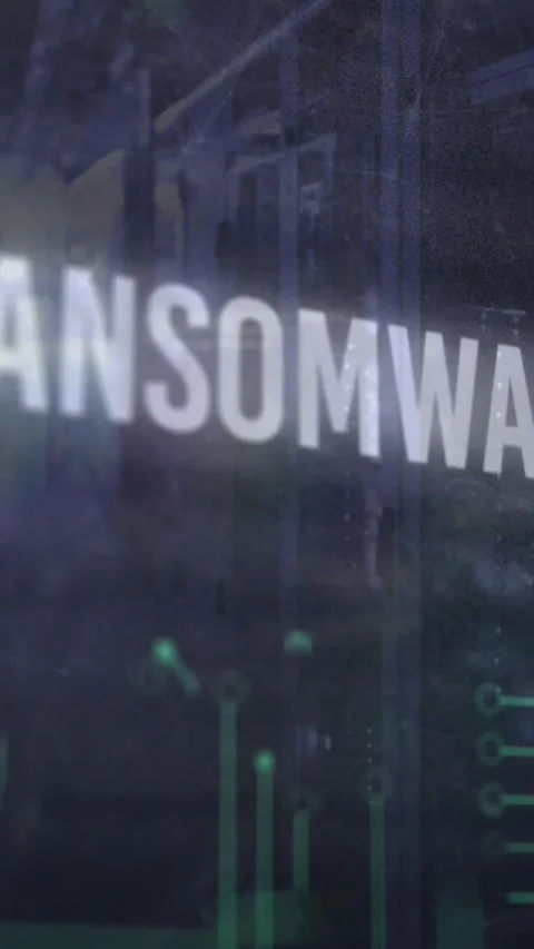 Animation of ransomware text, computer language, binary codes, circuit board Stock Footage 320921589