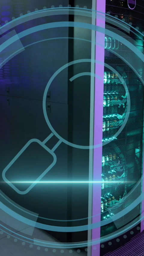 Animation of reading glass icon over data processing and server room Stock Footage 342801785