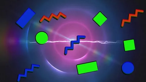 Animation of rectangle, circles and zigzag pattern over lens flares against Stock Footage 257104636