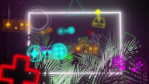 Animation of rectangle, gaming consoles and geometric shapes with plantation on Stock Footage 257103162