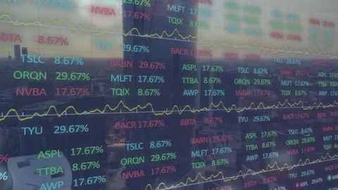 Animation of red abstract shapes over stock market data processing against Stock Footage 327064474