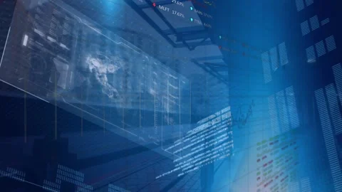 Animation of red abstract shapes over interface with data processing against Stock Footage 330735587