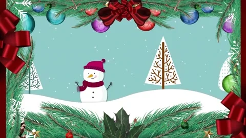 Animation of red abstract shapes in seamless pattern over snowman on winter Stock Footage 223037041