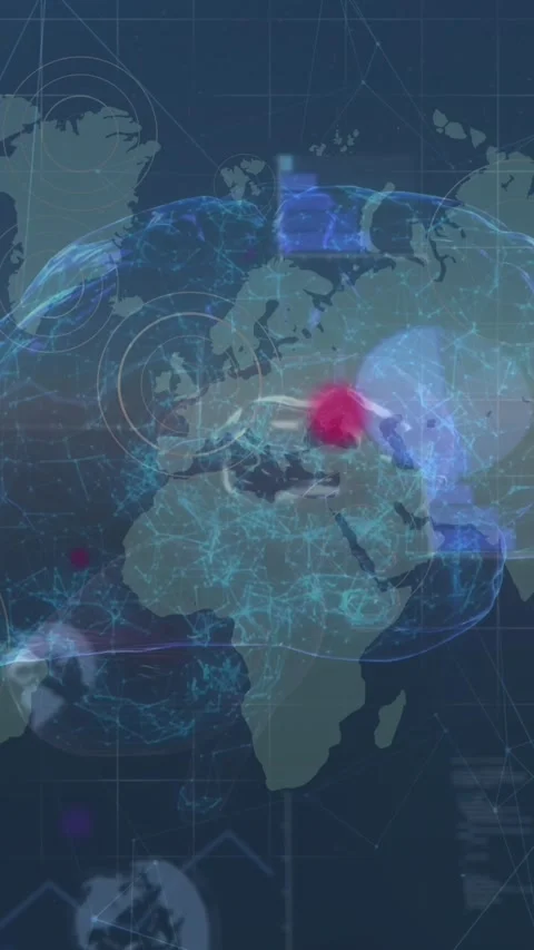 Animation of red and blue dots over icons, brain and world map Stock Footage 320228912