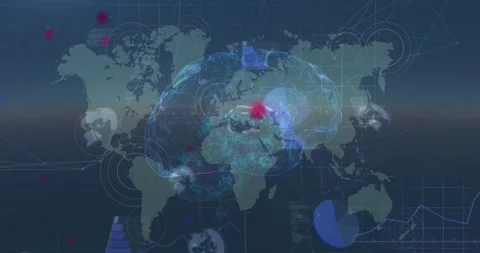 Animation of red and blue dots over icons, brain and world map Stock Footage 328835984
