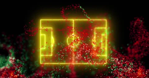 Animation of red and green digital wave over neon yellow soccer field layout on Stock Footage 254576000