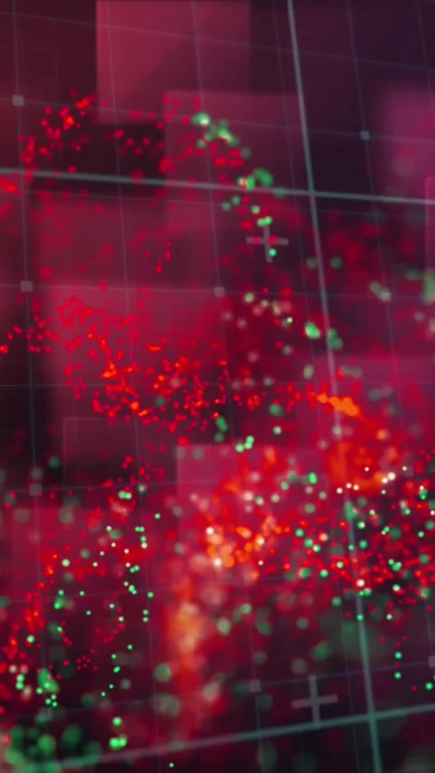 Animation of red and green digital wave over purple square shapes floating Stock Footage 344693506