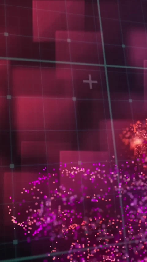 Animation of red and purple digital wave over pink square shapes floating Stock Footage 344693513