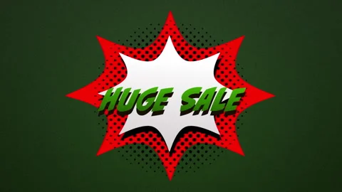 Animation of red and white comic explosion shape with huge sale text on green Stock Footage 316216960