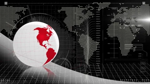 Animation of red and white globe with digital world map and data elements Stock Footage 304774625