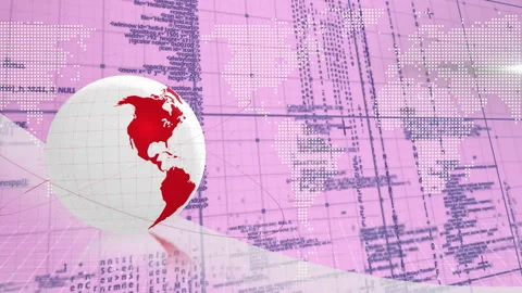 Animation of red and white globe over digital world map with coding elements Stock Footage 304839032