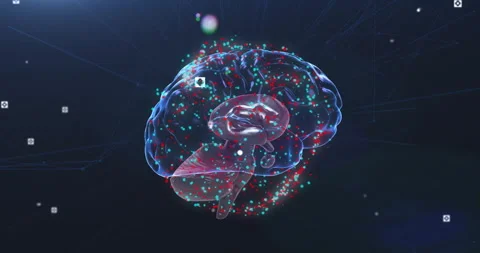 Animation of red and white spots over digital brain spinning 스톡 동영상 267185129